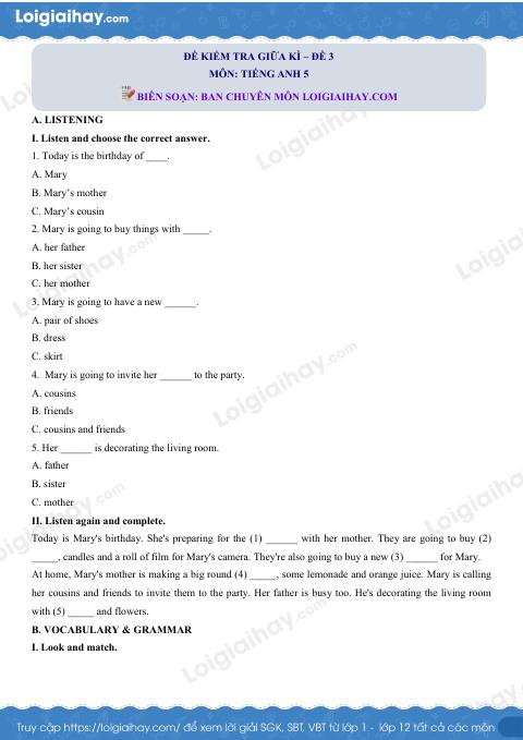 Đề thi giữa kì 1 Tiếng Anh 5 - Đề số 3
